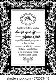 Elegant floral swirls, lacy pattern ornate frame, monogram and place for text. Wedding invitation in classical formal style in black and white