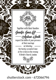 Elegant floral swirls, lacy pattern ornate frame, monogram and place for text. Wedding invitation in classical formal style in black and white with flowers and intricate tracery decoration.
