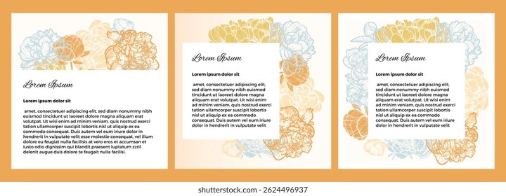 Modelos florais elegantes para mídias sociais, aplicativos móveis, venda, cartões, convites, banners. Ilustrações de peônias de arte desenhada à mão em vetor.