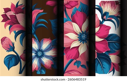 Elegant floral textile patterns in vibrant hues of pink, blue, and white on fabric rolls.