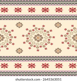 Elegant Floral Thai-Inspired Textile Pattern with Symmetrical Red, Pink, and Brown Flowers and Decorative Borders on Beige Background for Fabric, Wallpaper, or Digital Design Projects