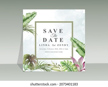 Elegant floral tropical watercolor wedding invitation card template