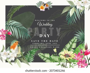 Elegant floral tropical watercolor wedding invitation card template