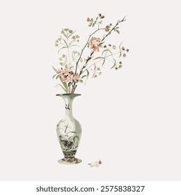 Elegant floral vase with delicate flowers. The vase features intricate designs. Flowers and vase create a harmonious, artistic display. Elegant and delicate. Vintage floral illustration, vector.