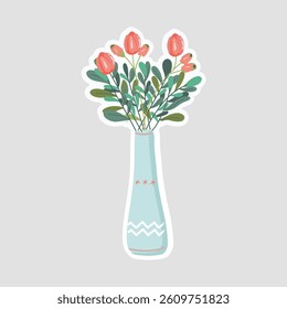 Elegant Floral Vase Vector Sticker. A vector sticker of a blue vase with lush green leaves and pink flowers, combining elegance and nature for creative decor projects
