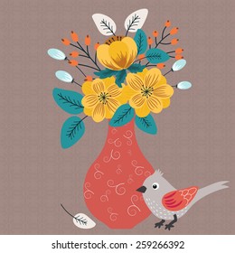 Elegant floral vector background - bouquet in vase and bird