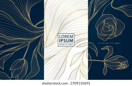 Fundo de vetor floral elegante, padrões de linha de ouro de flores, folhas, ornamentos orientais, chinês, arte japonesa. convites de casamento de luxo, cartões de saudação de primavera, cartazes de aniversário, vintage royal