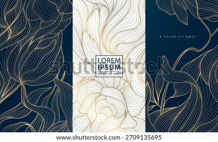 Elegant floral vector background, flower gold line patterns, leaves, oriental ornaments, Chinese, Japanese art. Luxury wedding invitations, spring greeting cards, anniversary posters, vintage royal