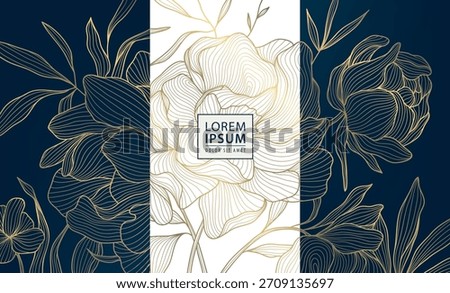 Elegant floral vector background, flower gold line patterns, leaves, oriental ornaments, Chinese, Japanese art. Luxury wedding invitations, spring greeting cards, anniversary posters, vintage royal
