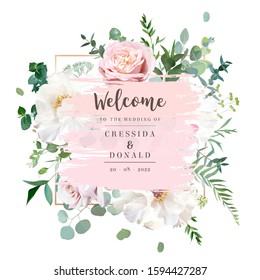 Elegant floral vector card and white   creamy woody peony  dusty rose flowers  eucalyptus  mixed plants  Pink gradient background frame in watercolor style  All elements are isolated   editable
