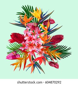 Elegant Floral Vector Composition. A Print For A Tshirt. Tropical Flowers . Vintage Style Illustration.