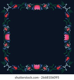 Elegante marco de Vector floral inspirado en el rickshaw bangladesí, con cogollos de tulipán rojo y arremolinado follaje verde-azul sobre un fondo oscuro. Perfecto para temas de diseño popular. Floral tradicional