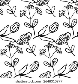 Elegant floral vector pattern featuring hand-drawn flowers and leaves on a simple white background.