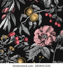 Elegant floral vector pattern with pink blossoms, red berries, and gold accents on a dark background, vintage botanical style.