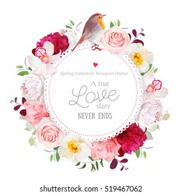 Elegant floral vector round card with white and burgundy red peony, rose, orchid, carnation flowers, mixed plants and cute small robin bird. All elements are isolated and editable.