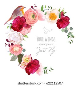 Elegant floral vector round frame with ranunculus, peony, rose, green plants and small robin bird on white. Burgundy red, peachy and white flowers. Crescent shape bouquet. All elements are editable