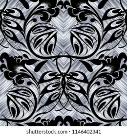 Elegant floral vector seamless pattern. Textured ornamental background. Decorative ethnic style russian flowers ornament. Black and white 3d design. Decorative texture. For wallpapers, fabric, prints