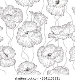 
Elegant floral vector seamless pattern with poppy flowers on white background.