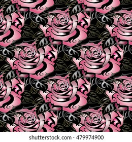 Elegant floral  vector seamless pattern background wallpaper illustration with elegance pink  volumetric ornamental decorative 3d roses and  leaves. Modern ornate 3d decor with shadow and highlights.