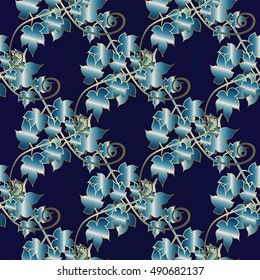 Elegant floral vector seamless pattern background wallpaper illustration with vintage light blue branches of ivy on the dark blue background. Floral pattern.Floral background.Floral illustration