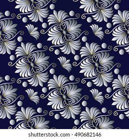Elegant floral  vector seamless pattern background wallpaper illustration with 3d vintage  ancient medieval white  greek ornaments on the dark blue background.Floral pattern.Floral background.Flowers