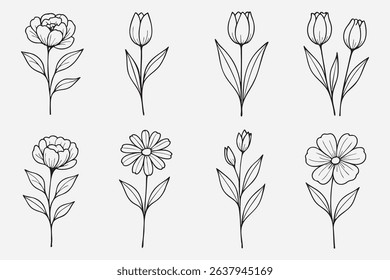 Elegant Floral Vector Set for Crafting and Design Minimalist Flower Illustrations for Invitations Stationery and Decorative Elements with Botanical Sketches in Line Art