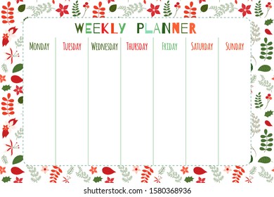 Elegant floral vector weekly planner template in red and green for Christmas planning