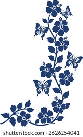 Elegant floral vine design in deep blue silhouette style, featuring blooming hibiscus-like flowers, delicate leaves, and multiple butterflies fluttering around the curved stem