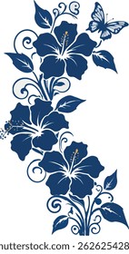 An elegant floral vine design in deep blue silhouette style, featuring blooming hibiscus-like flowers, delicate leaves, and multiple butterflies fluttering around the curved stem. 