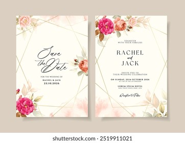 Elegant floral watercolor wedding invitation card template. Rose invitation. Flower invitation