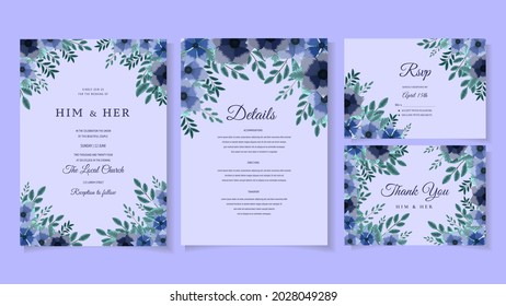 Elegant Floral Wedding Invitation Card Set With Flower Frame And Border. Romantic Botanic Illustration For Invite, Greeting Save The Date, RSVP And Thank You Cards, Cover Design