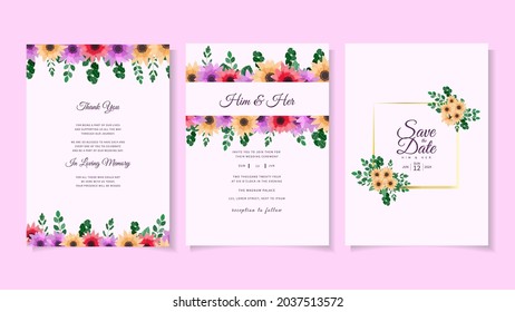 Elegant floral wedding invitation card set with flower frame and border. Romantic botanic illustration for marraige invite.