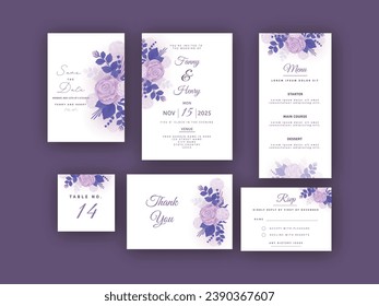 Elegant Floral Wedding Invitation Card Suite Presenting on Purple Background.