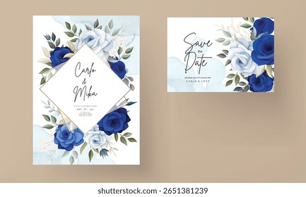 Elegant Floral Wedding Invitation Set with Blue Navy Roses Flower