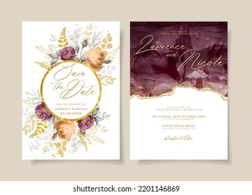 Elegant floral wedding invitation template set with roses and leaves decoration