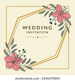 Elegante modelo de convite de casamento floral com sotaques de ouro, perfeito para casamentos vintage e românticos. Design personalizável e imprimível para uma celebração luxuosa e elegante.