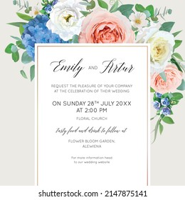 Elegant floral wedding invite, invitation, save the date card template design. Blue hydrangea flower, blush, yellow roses, white eustoma, eucalyptus branch, greenery leaves bouquet vector illustration