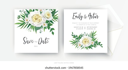 Elegant floral wedding invite, save the date card vector template set. Tender white yellow rose, beauty camellia flowers, greenery eucalyptus, green palm leaves, herbs. Watercolor bouquet illustration