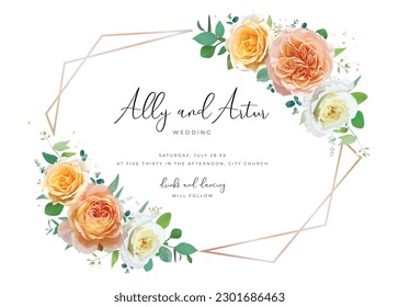 Elegant, floral wedding invite, save the date card. Delicate peach orange, white yellow garden rose flowers, green eucalyptus leaves bouquet with golden geometrical frame. Editable vector illustration