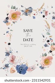 Elegant floral wedding save the date vector card template. Blush pink, dusty blue anemone flowers, white hydrangea petals, golden glitter, watercolor hand drawn paint bouquet wreath frame illustration