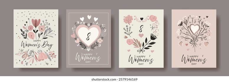 Elegant Floral Women's Day Greeting Cards – Set of Delicate Hand-Drawn Designs with Soft Pastel Colors, Hearts, and Botanical Elements for March 8 Celebration