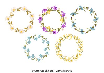 Elegant floral wreath with delicate wildflowers and botanical elements, forming a romantic frame ideal for wedding invitations, vintage decor, and bohemian aesthetics.