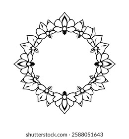 Elegant Floral Wreath Frame: Black and White Circular Flower Design. Perfect for invitations, cards, and decoration.