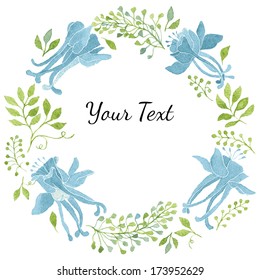 Elegant floral wreath with green leaves and blue flowers. Great for thank you notes or invitations. Vectorized watercolor drawing. 