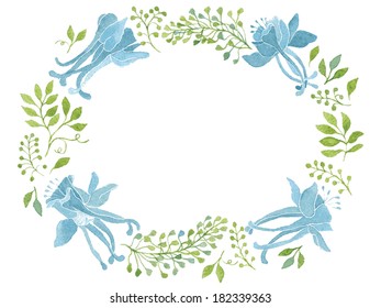 Elegant floral wreath with green leaves and blue flowers. Great for thank you notes or invitations. Vectorized watercolor drawing.