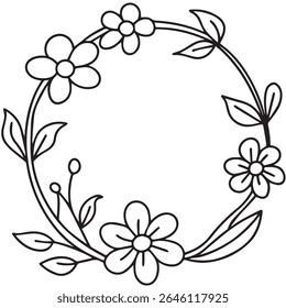 Elegant Floral Wreath Illustration Featuring Delicate Flowers and Leaves, Perfect for Invitations and Decorative Design Projects with a Clean, Minimalist Aesthetic and Timeless Appeal