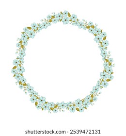 Coroa floral elegante com flores azuis claras e folhas verdes no fundo branco