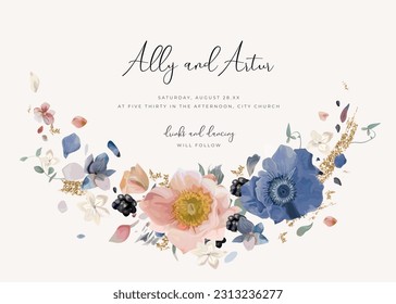 Elegant floral wreath. Lovely blue, blush pink anemone flower, white petals, berries, golden glitter watercolor bouquet decoration. Vector illustration. Stylish, art wedding invite, save the date card