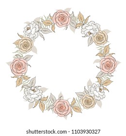 Elegant floral wreath on white background. Frame, border in pastel colors. Hand drawn illustration