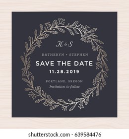 Elegant floral wreath wedding invitation card template. Navy blue & Golden Save the date card. Hand drawn flower wreath. Vector illustration.